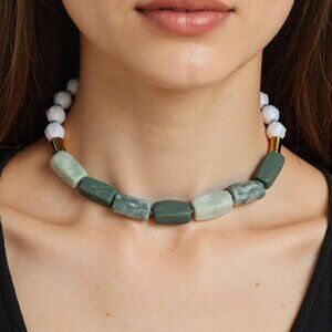 Nautical chunky beaded choker. Adjustable 16" length. Natural oblong jade stones